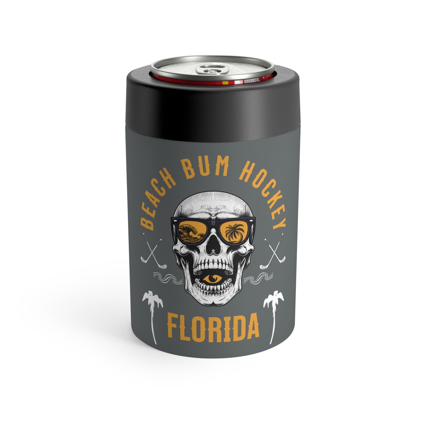 Beach Bum Hockey Can Holder, Skull Drink Insulator for Beach Lovers, Coolers, Festivals, Gifts for Hockey Fans, Florida Vibes