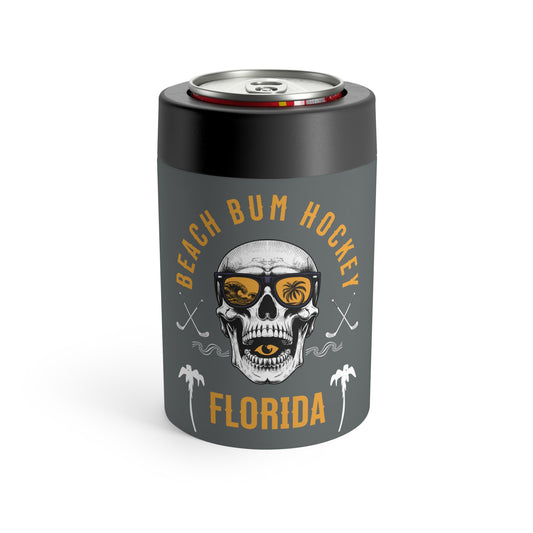 Beach Bum Hockey Can Holder, Skull Drink Insulator for Beach Lovers, Coolers, Festivals, Gifts for Hockey Fans, Florida Vibes